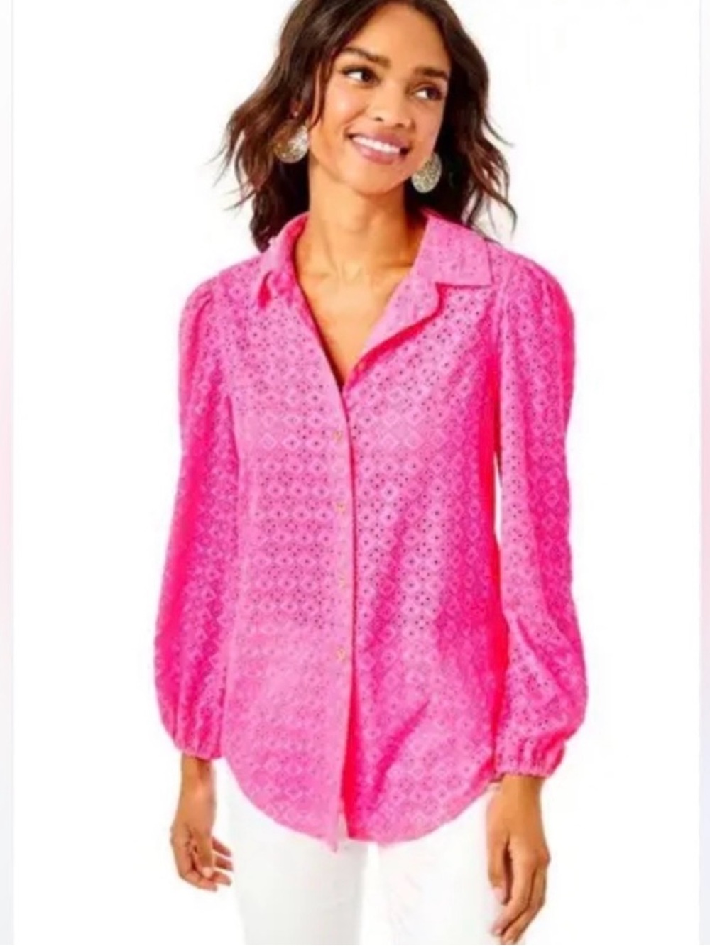 Lilly Pulitzer Sea Breeze Eyelet Button Down Blouse size xs oversized